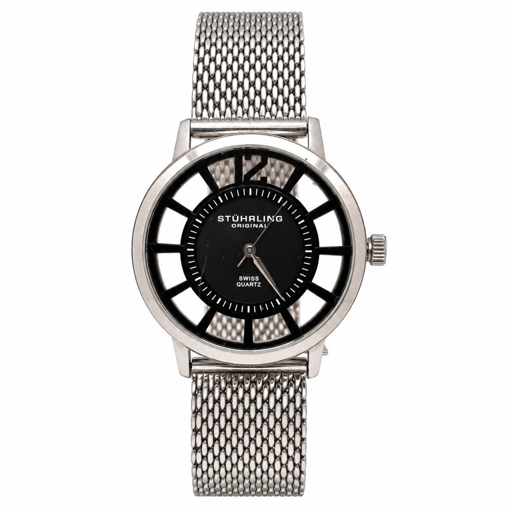 Stuhrling Original Swiss Quartz Watch Skeleton Dial Mesh Band Box Papers